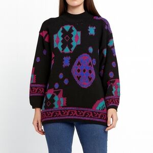 Retro Graphic Womens Vintage Black Sweater Size M Oversized Tunic 80s 90s Knit